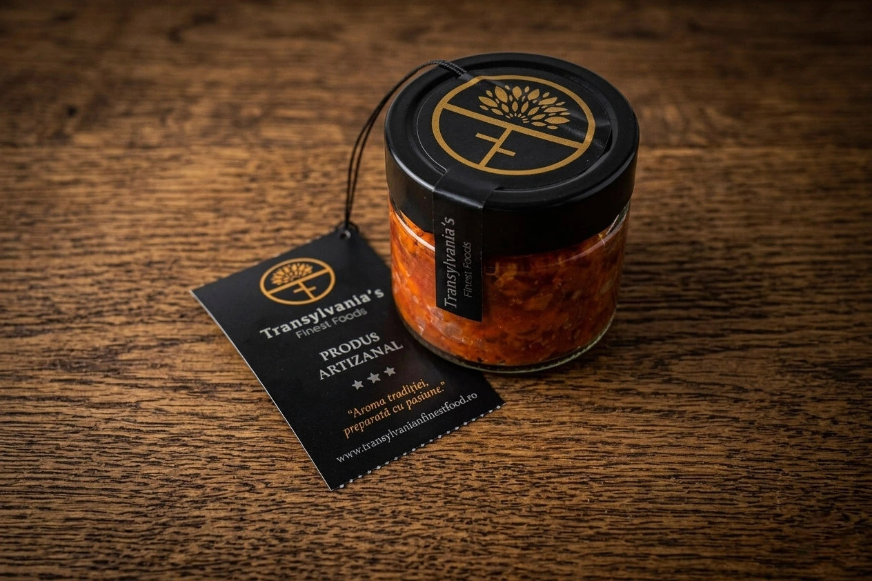 Jar of Transylvania's product on a wooden surface with a label.