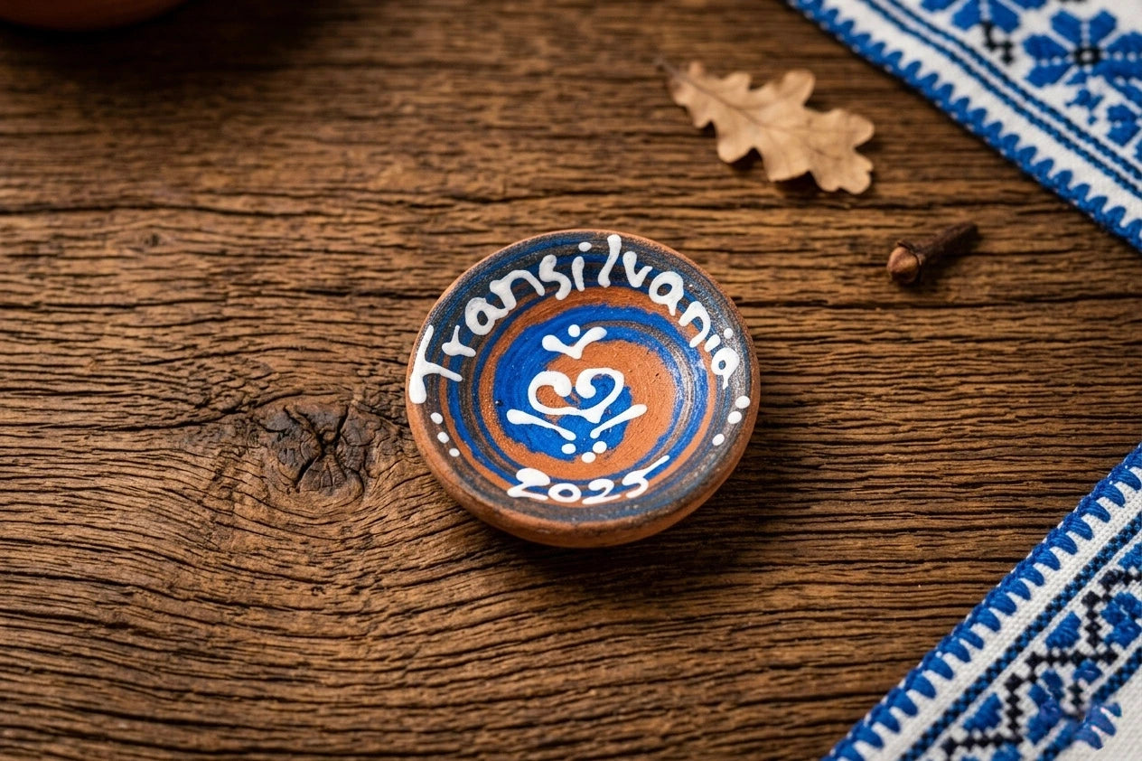 Button with 'Transilvania 2023' text on a wooden surface with decorative elements.