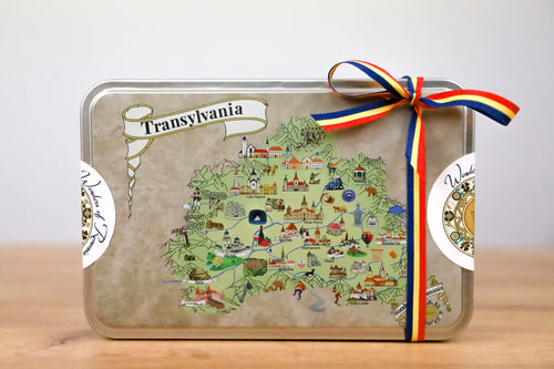 Decorative tray with a map of Transylvania design, ribbon, and 'Transylvania' text on a light background.