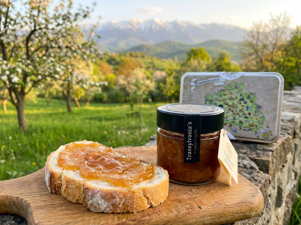 Jar of Transylvania's jam on a wooden board with a slice of bread spread with jam, set against a scenic background.